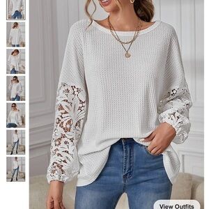 🌸Guipure Lace Insert Waffle Knit T-Shirt🤍